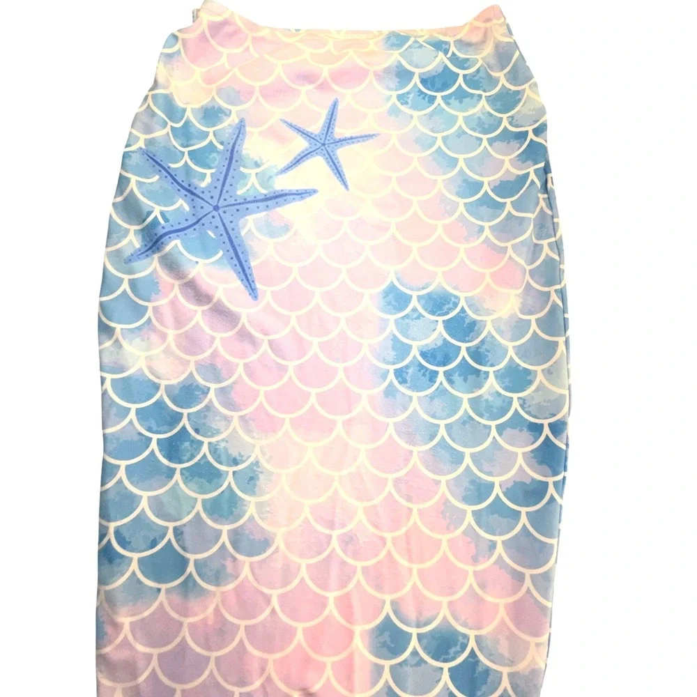 Kids Mermaid Tail Costume Skirt Blue Pink Purple Scale Print Starfish Starburst